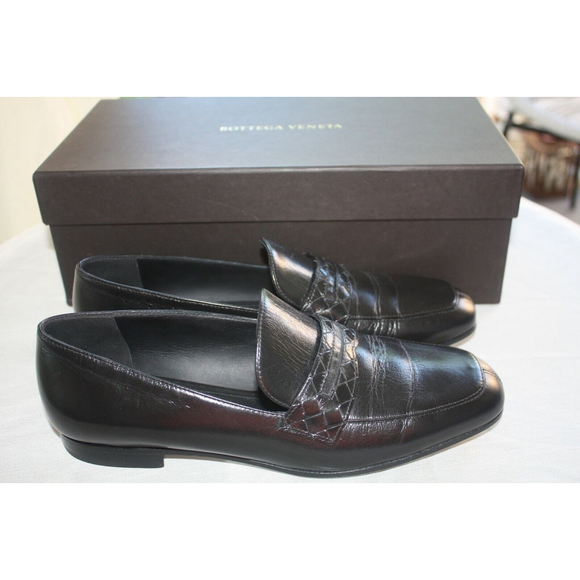 Bottega Veneta Shoes - Bottega Veneta Women's Black Intrecciato Leather Penny Loafers - Size 36